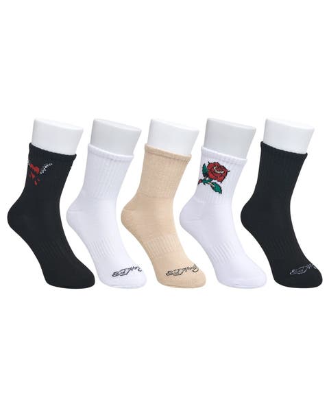 Rose Print Half Cushion Mid Crew Sock 5-Pack