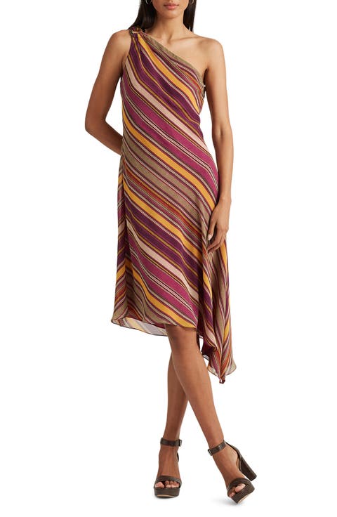 Stripe One Shoulder Asymmetric Hem Midi Dress