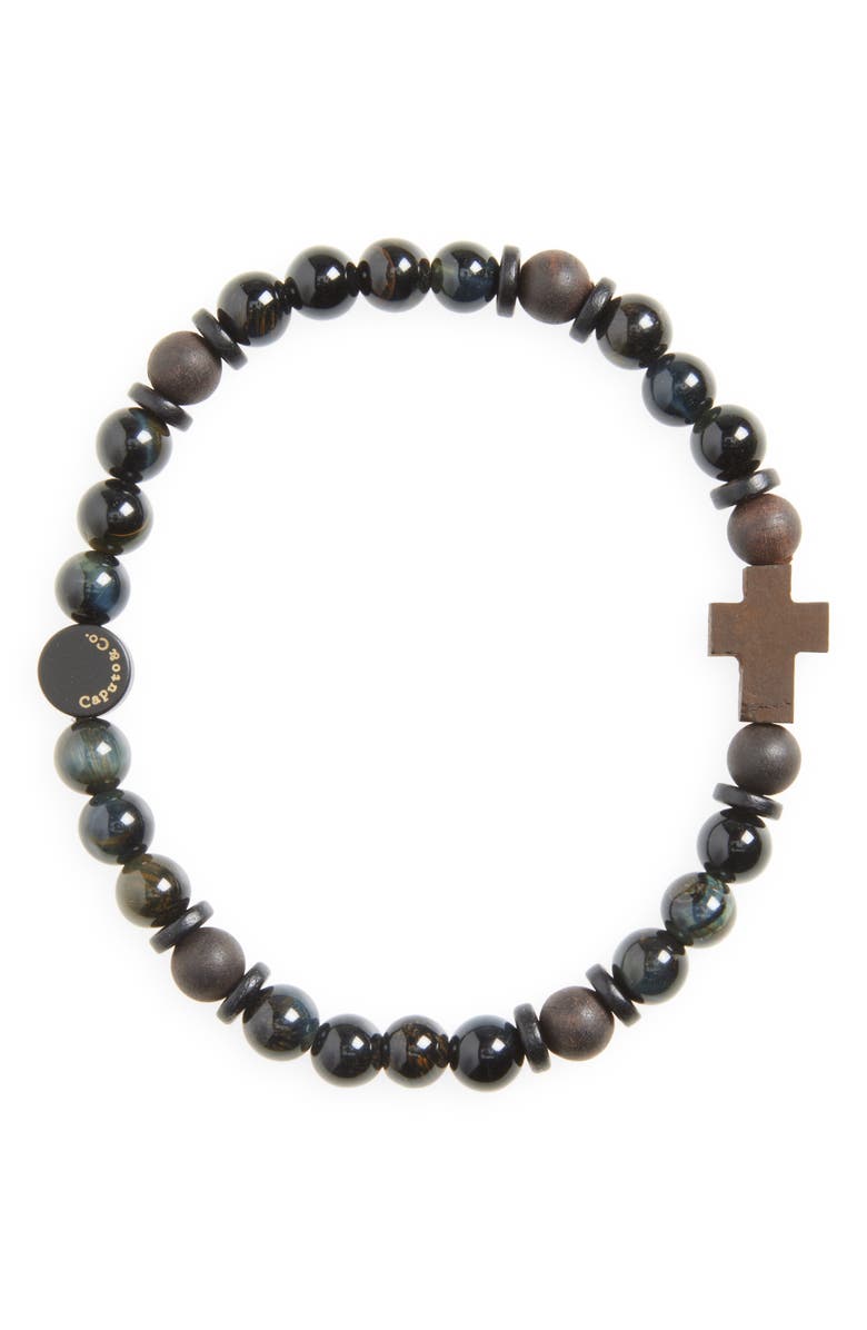 Caputo & Co. Men's Azabache Cross Beaded Stretch Bracelet, Main, color, Blue Tiger Eye