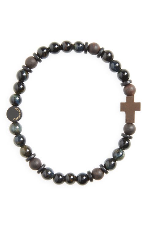 Men's Azabache Cross Beaded Stretch Bracelet