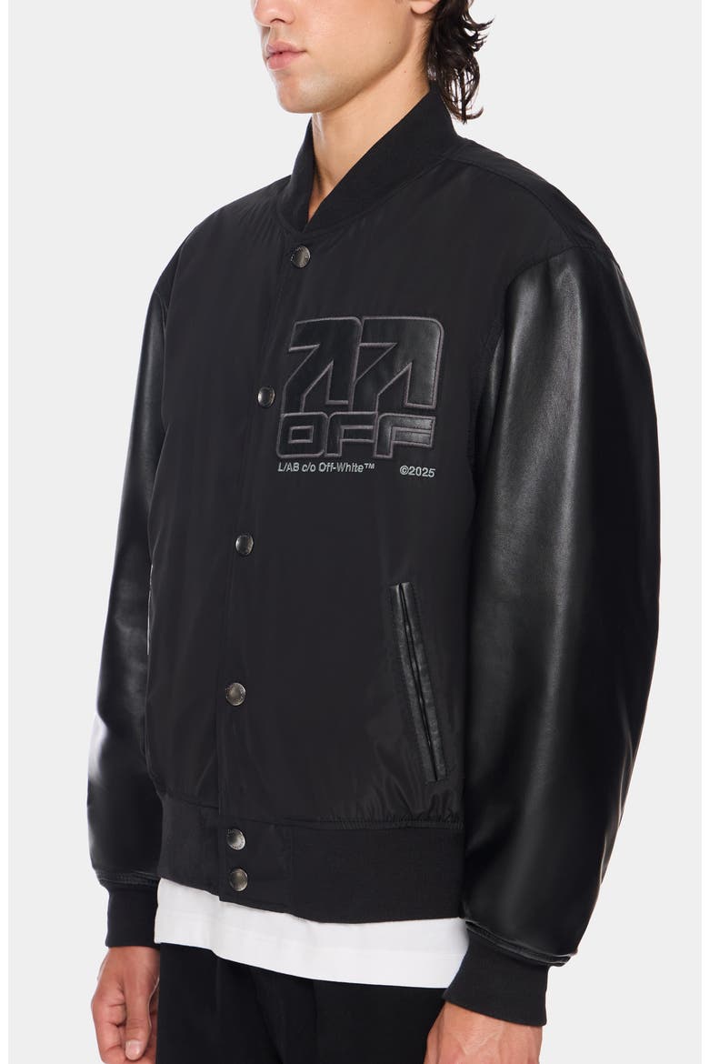 Off Active Leather Sleeve Bomber Jacket, Alternate, color, BLACK