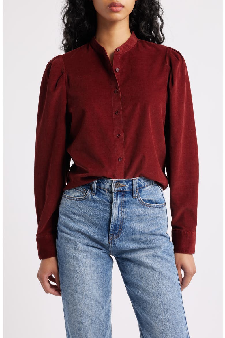 Puff Sleeve Corduroy Button-Up Shirt, Main, color, DEEP REDWOOD