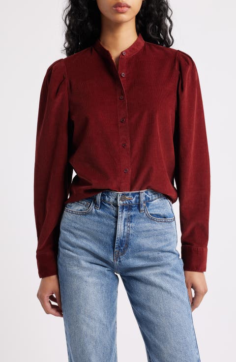 Puff Sleeve Corduroy Button-Up Shirt