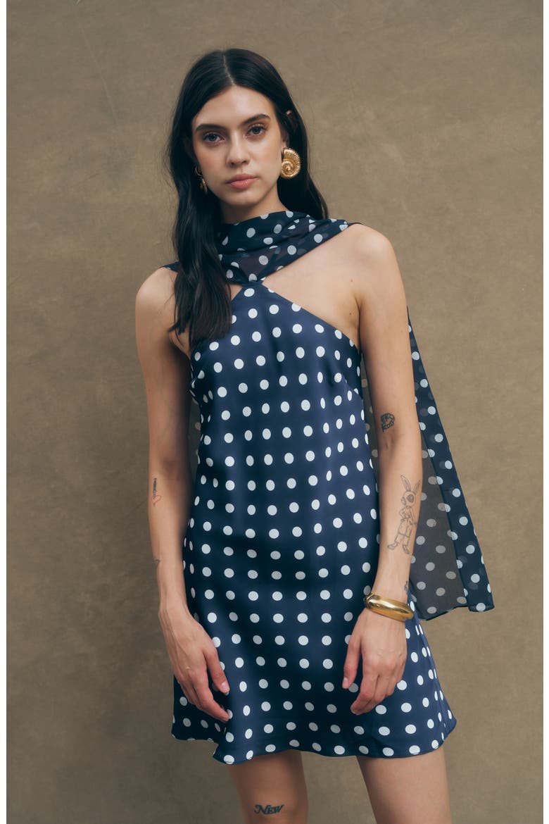 Hendrix Polka Dot Halter Neck Minidress with Removable Scarf, Alternate, color, NAVY WHITE DOTS