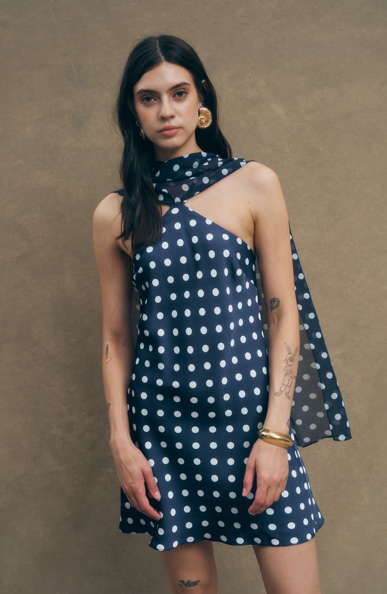 MAUDE CLUB Hendrix Polka Dot Halter Neck Minidress with Removable Scarf, Alternate, color, Navy White Dots