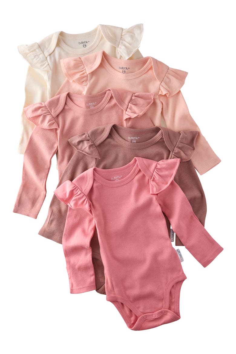 Ashley Ruffle Long Sleeve Organic Cotton 5-Pack Bodysuits, Main, color, SUNSET