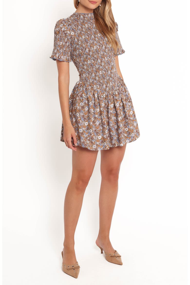Celine Smocked Minidress, Main, color, BROWN FLORAL