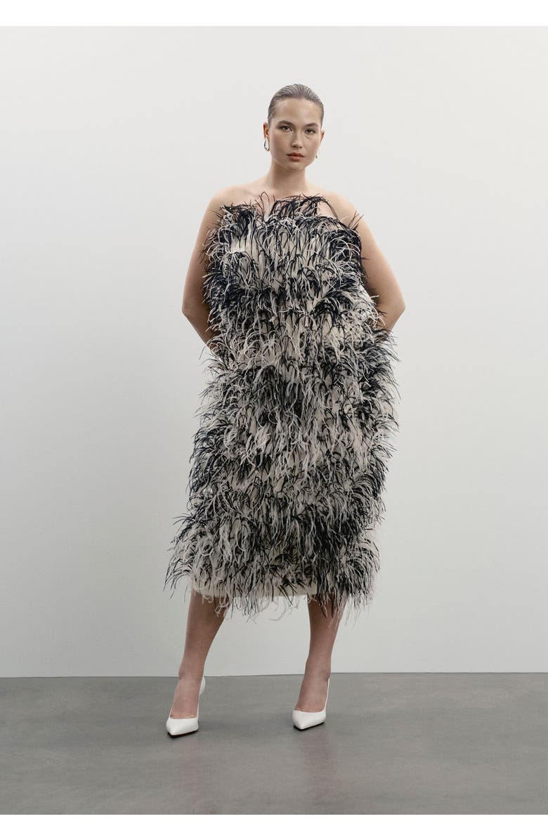 11 Honoré Ostrich Feather Strapless Maxi Dress, Main, color, Black And Cream