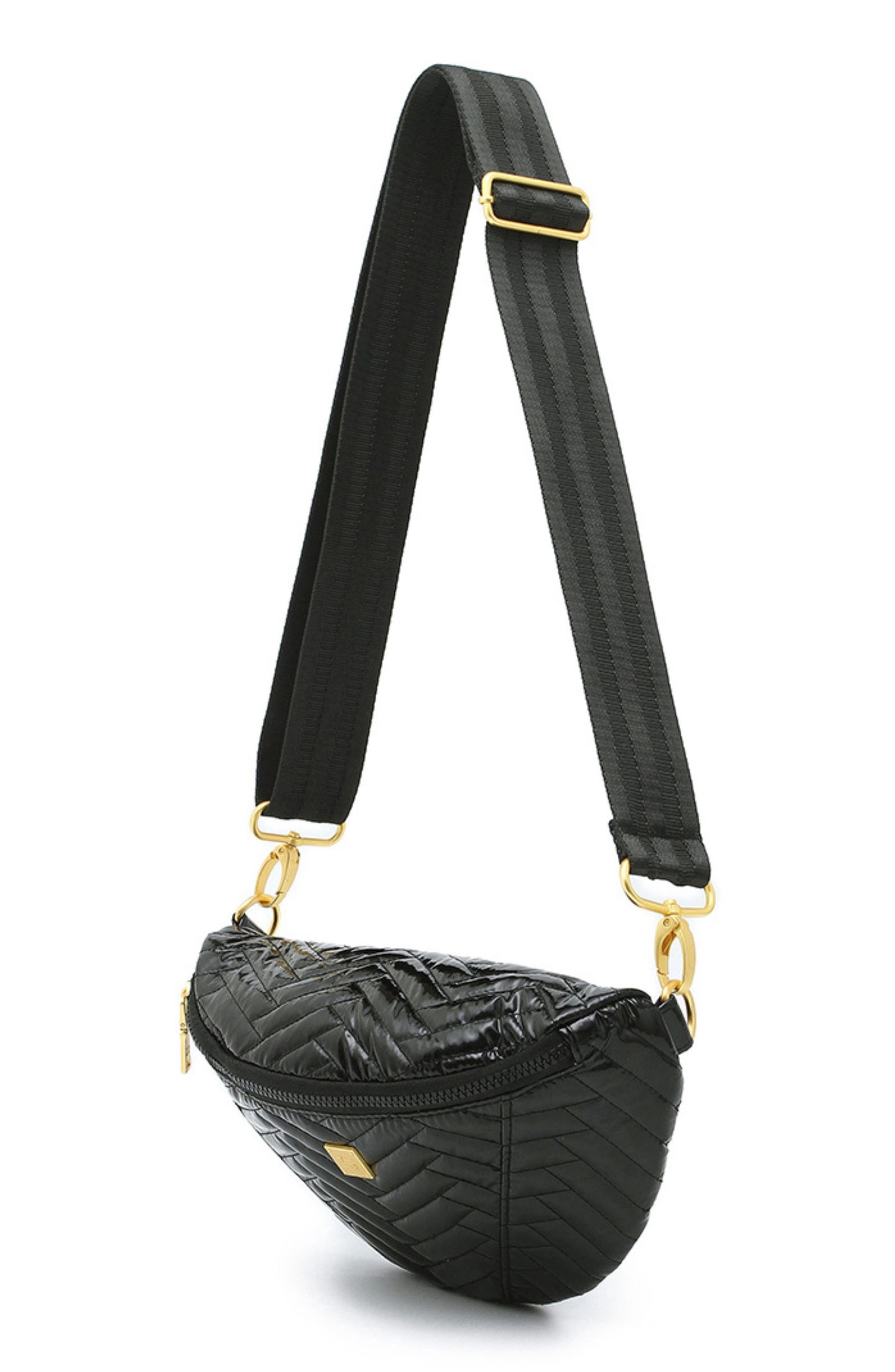 Little Runaway Moto Quilted Shoulder Bag, Alternate, color, BLACK PATENT NYLON