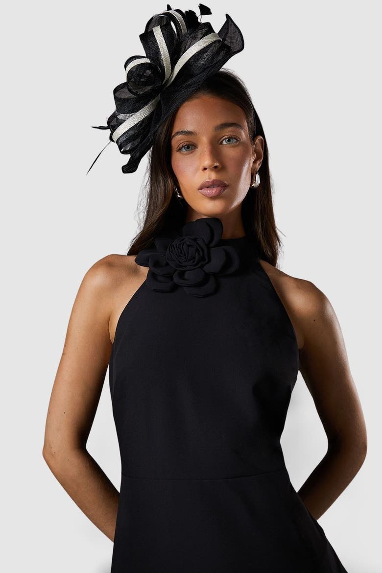 High Neck Corsage Detail Midi Dress, Alternate, color, Black