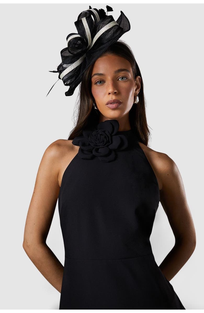 Coast High Neck Corsage Detail Midi Dress, Alternate, color, Black