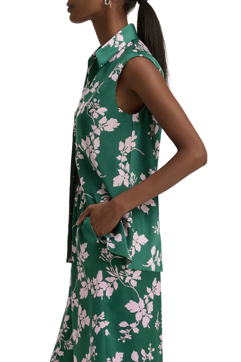 Agatha Sleeveless Crepe Satin Button-Up Shirt, Alternate, color, EMERALD FLORAL