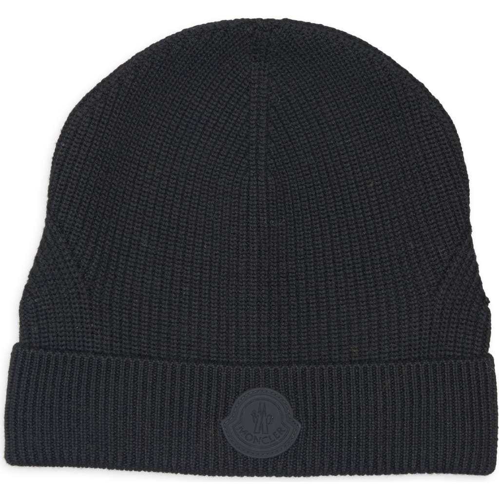 Moncler Logo Patch Virgin Wool Beanie In Gray