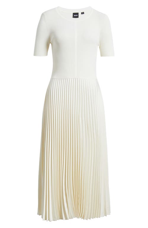Hugo Boss Boss Fadridi Rib & Pleated Midi A-line Dress In Soft Cream