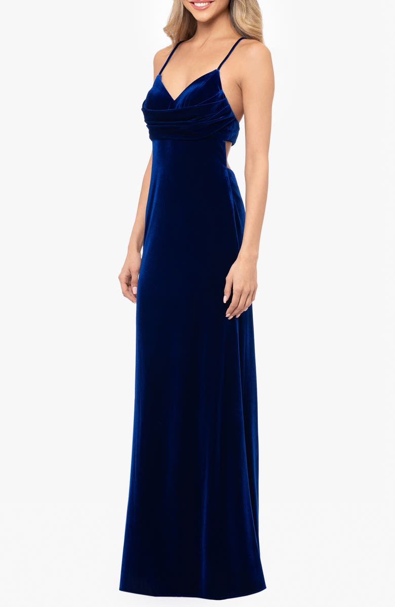 Blondie Nites Back Cutout Sleeveless Velvet Gown, Alternate, color, Sapphire