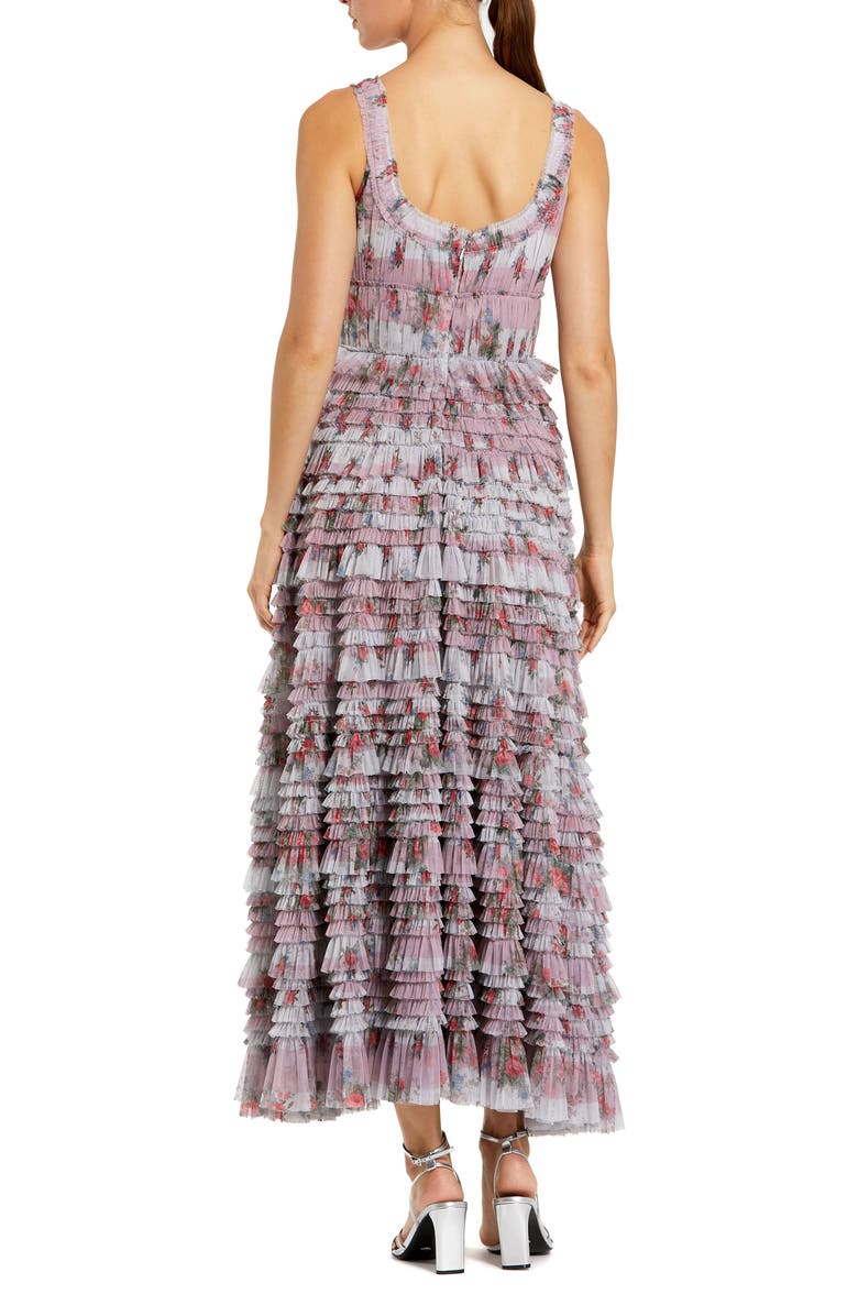 Mac Duggal Sleeveless Floral Midi Dress with Tiered Ruffles, Alternate, color, Purple Multi