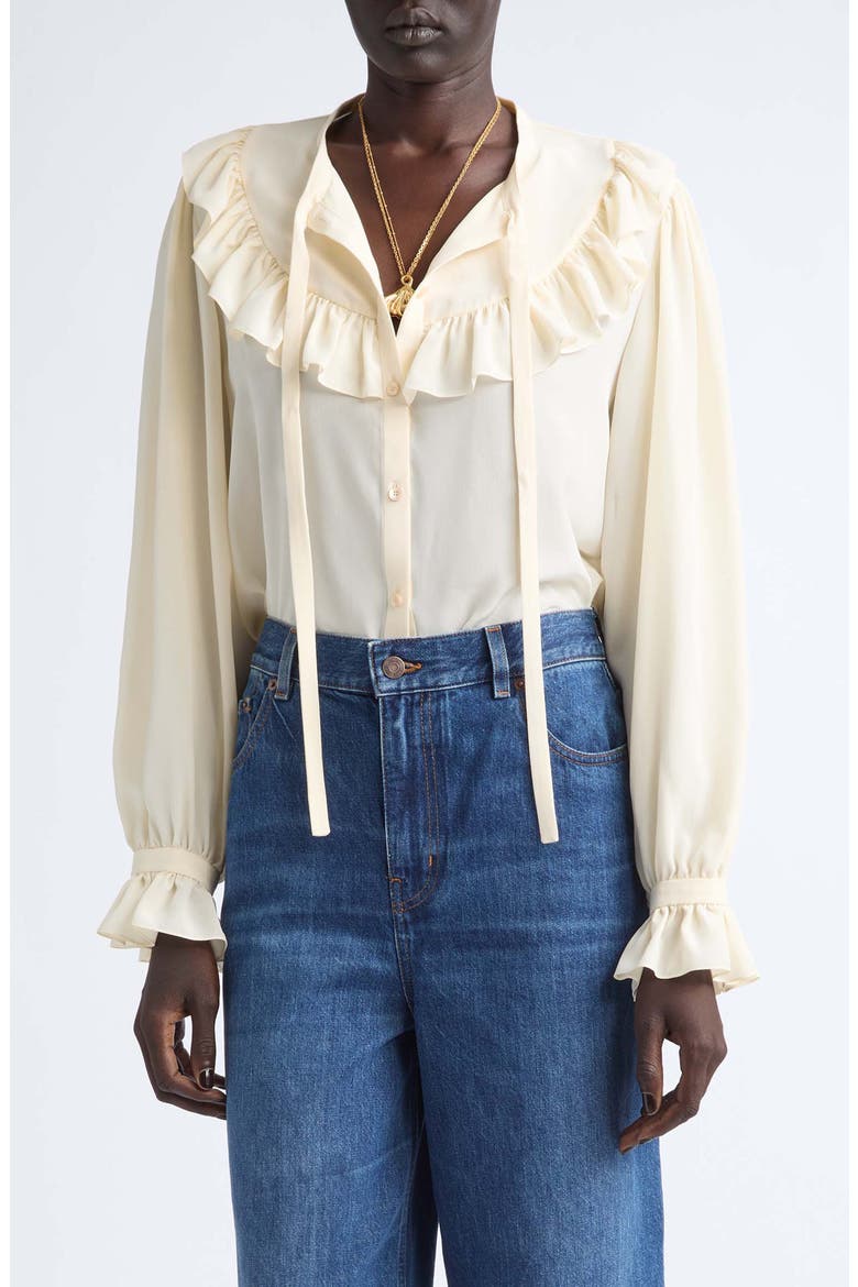 Ruffle Silk Crêpe de Chine Button-Up Shirt, Main, color, PRISTINE WHITE