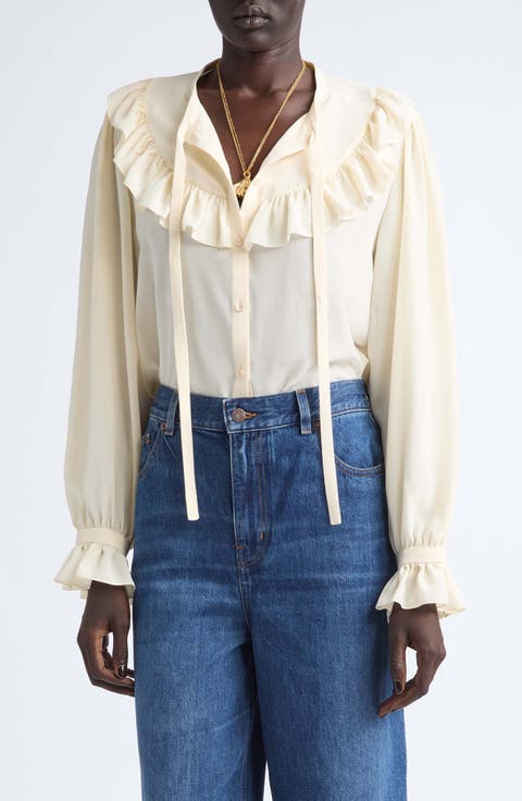 Ruffle Silk Crêpe de Chine Button-Up Shirt