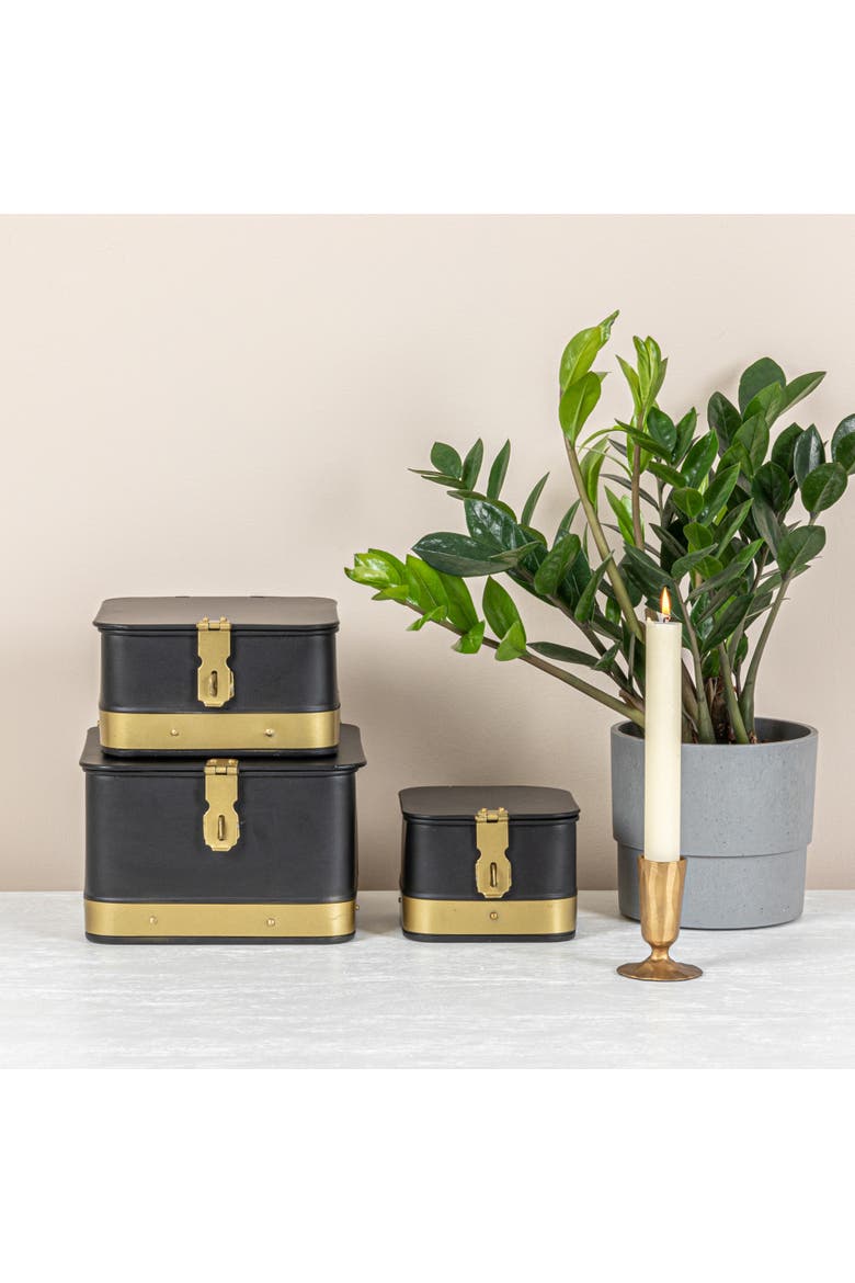 Decorative Metal Boxes with Lid, Black with Gold Band, Set of 3, Alternate, color, Black
