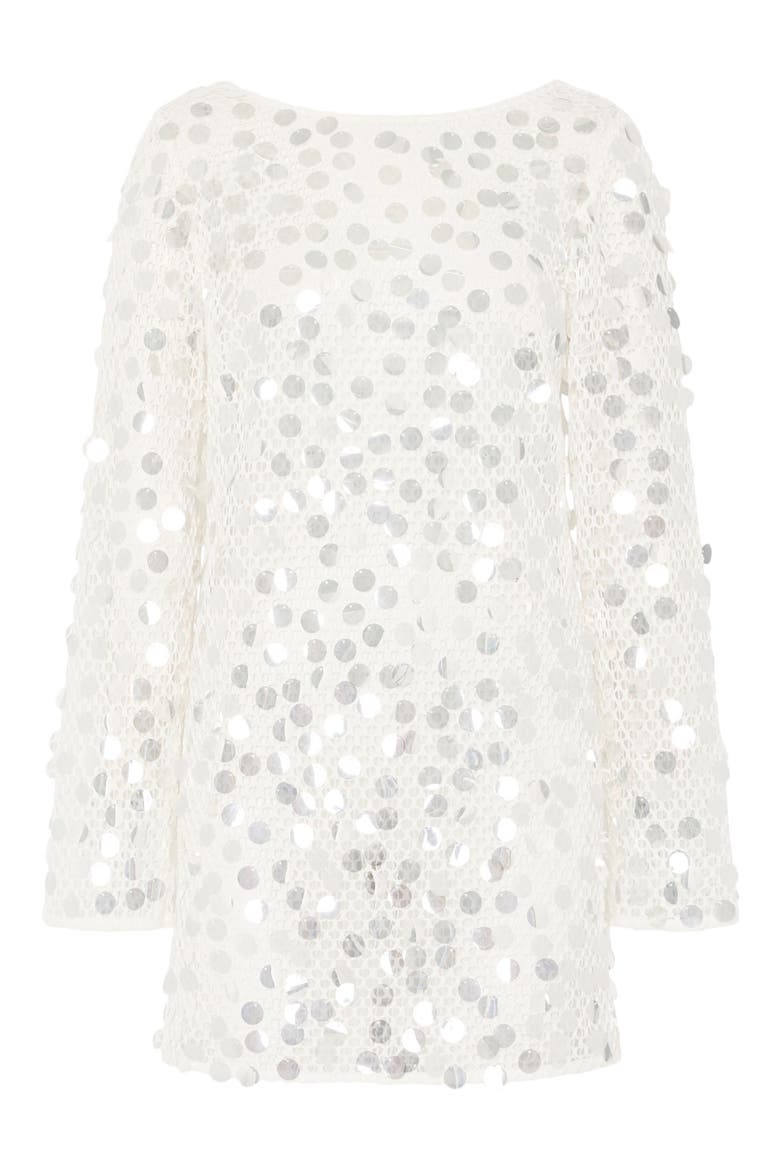 Paillette Long Sleeve Sheer Open Stitch Cover-Up Dress, Alternate, color, WHITE