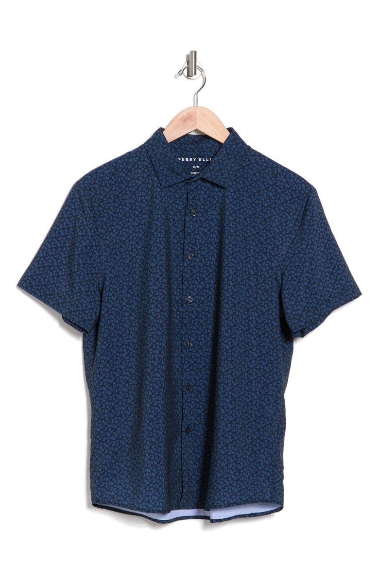 Perry Ellis Geo Print Short Sleeve Stretch Button-Up Shirt, Alternate, color, 