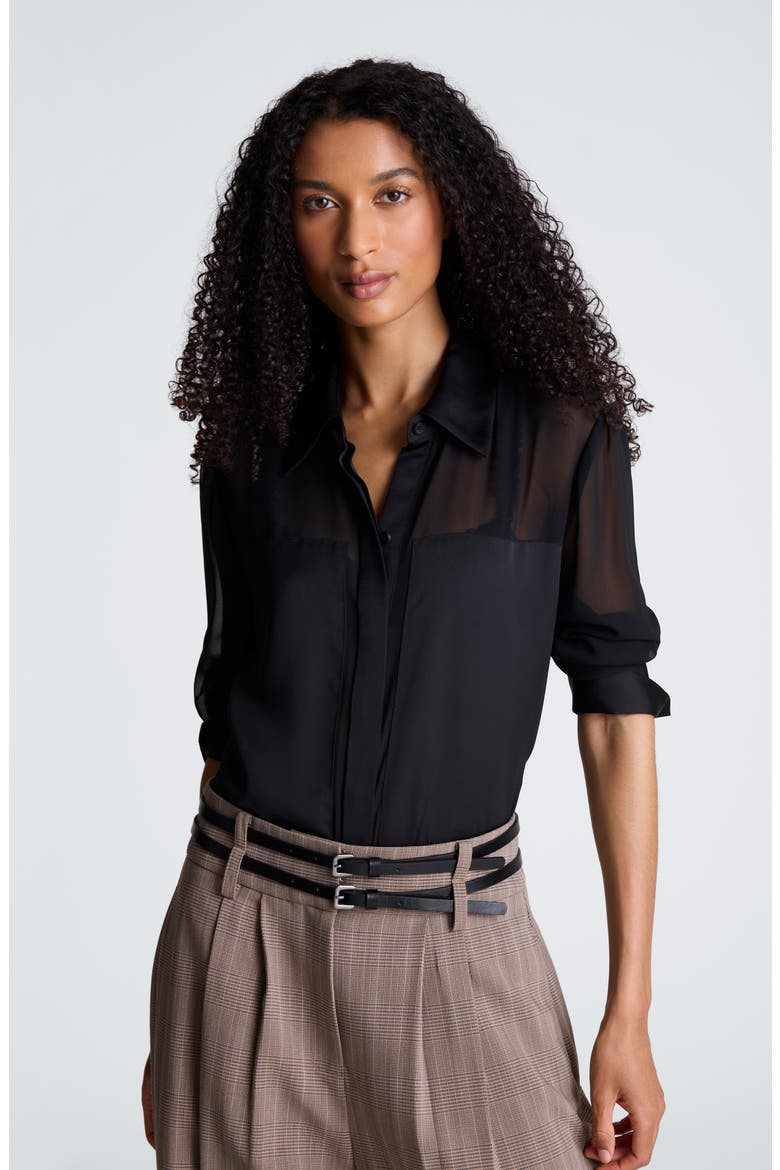 Sheer Panel Long Sleeve Shirt, Alternate, color, BLACK