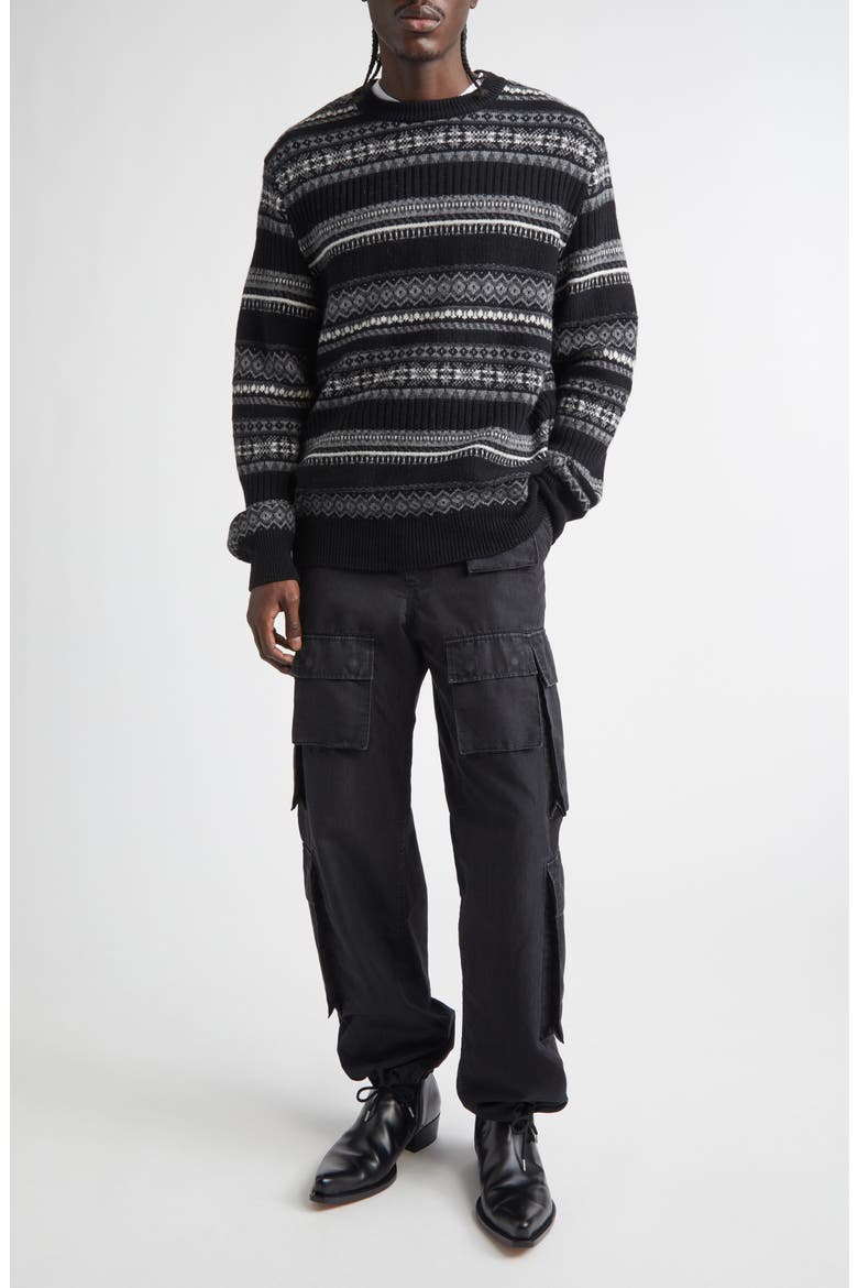 Fair Isle Wool Creweck Sweater, Alternate, color, BLACK MONO