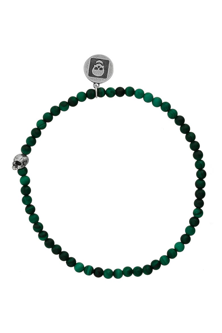 Skull Malachite Beaded Stretch Bracelet, Main, color, GREEN/SILVER
