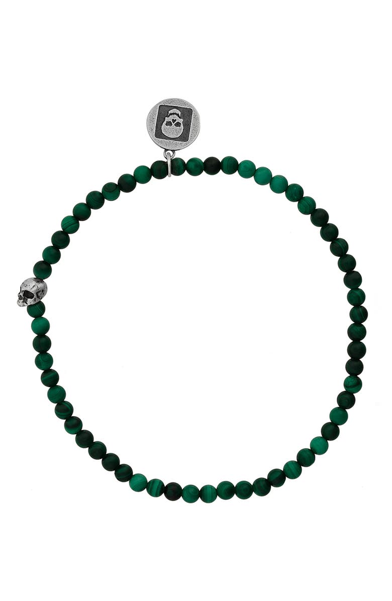 John Varvatos Skull Malachite Beaded Stretch Bracelet, Main, color, Green/Silver