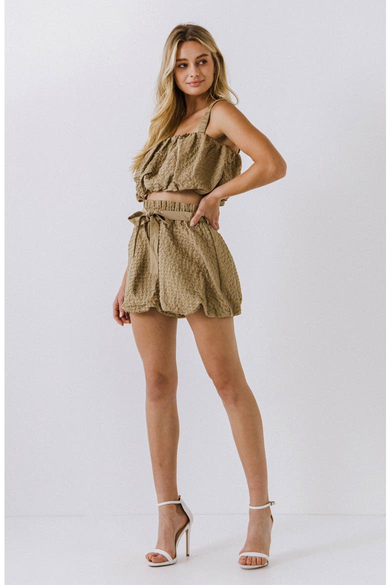 Metallic Thread Textured Tie Waist Bubble Shorts, Alternate, color, TAN