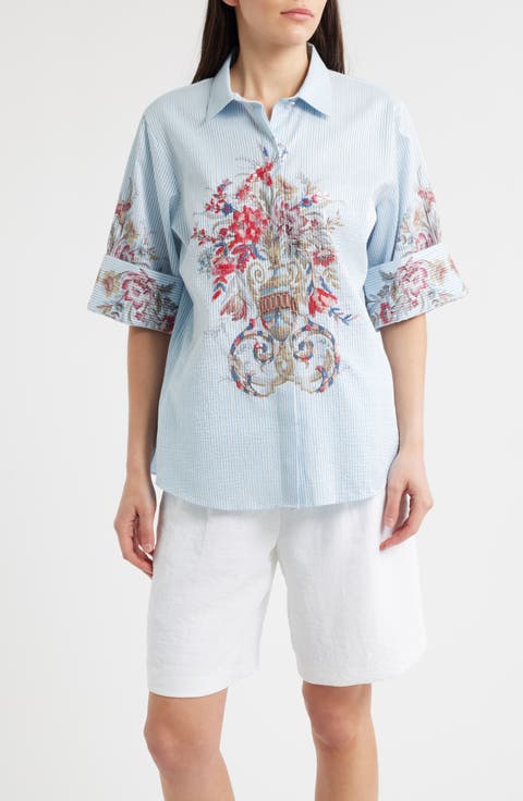 Drew Sequin Floral Stripe Cotton Blend Seersucker Button-Up Shirt