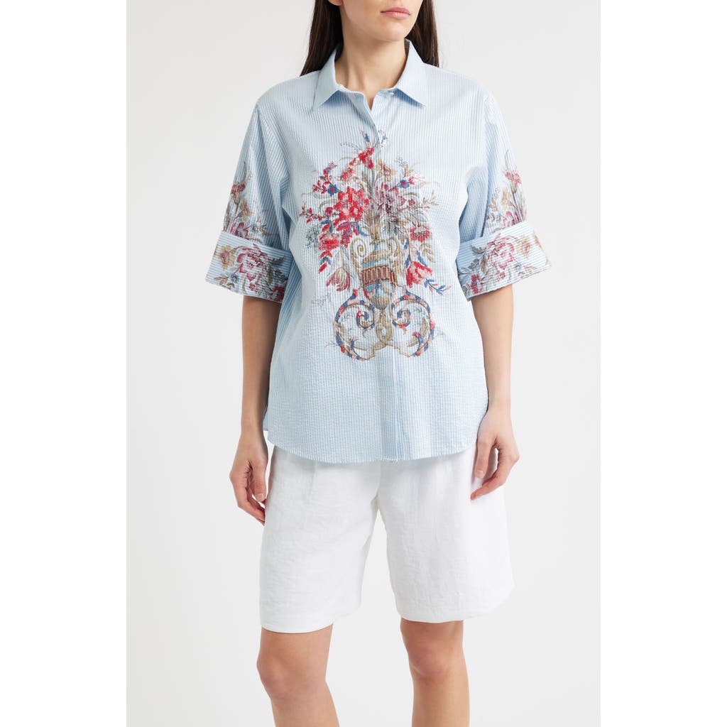 Kobi Halperin Drew Sequin Floral Stripe Cotton Blend Seersucker Button-up Shirt