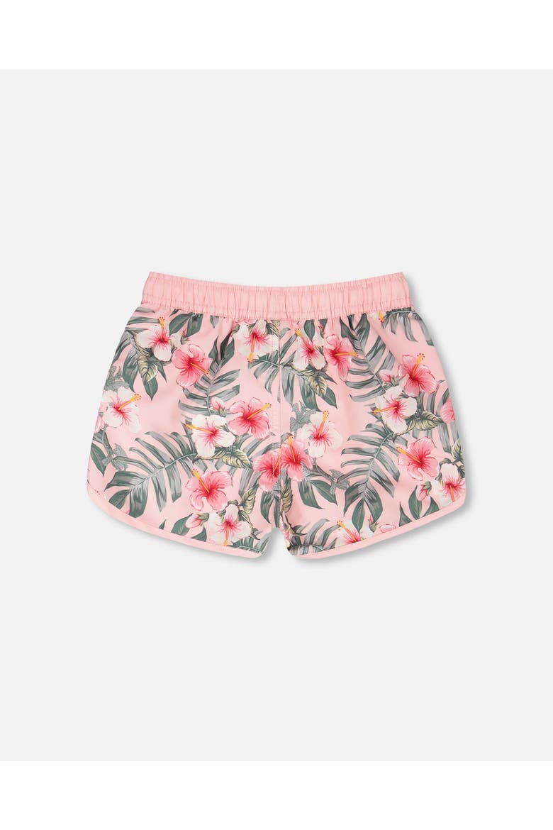 Elastic Waist Drawstring Hibiscus Swim Shorts, Alternate, color, Pink Hibiscus Print