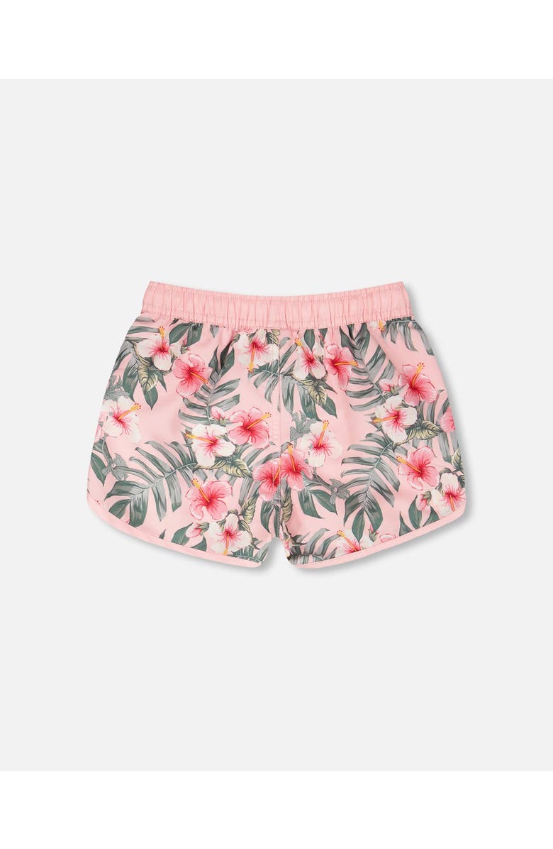 Deux par Deux Elastic Waist Drawstring Hibiscus Swim Shorts, Alternate, color, Pink Hibiscus Print