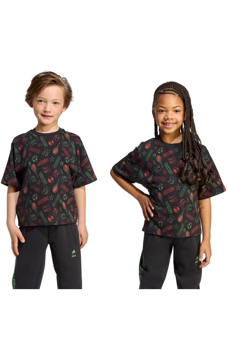 adidas Originals x Disney Oversize Allover Print T-Shirt, Alternate, color, Black/Impact Orange/Lime Burst