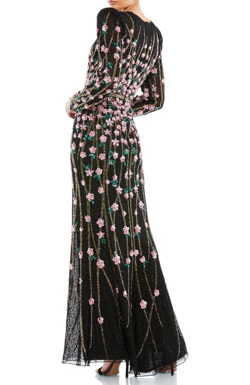 MAC DUGGAL MAC DUGGAL FLORAL EMBELLISHED MESH GOWN WITH HIGH NECK & SHEER LONG SLEEVES 