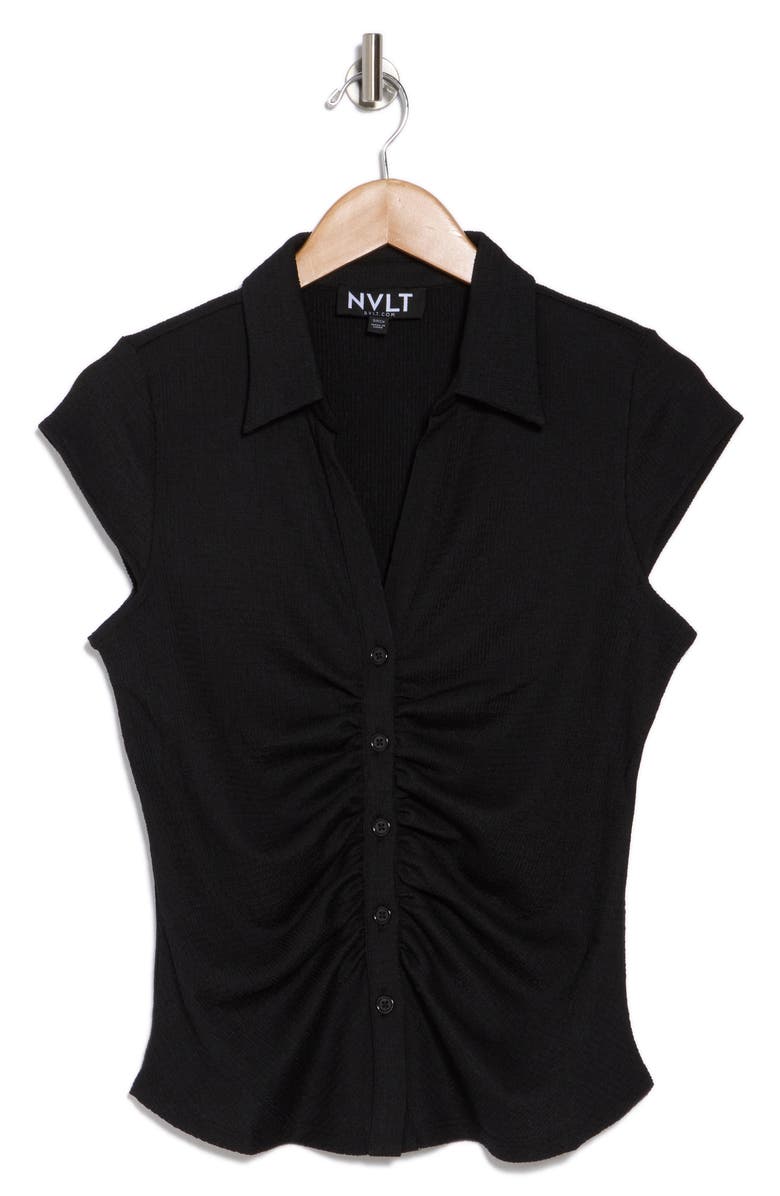 NVLT Cap Sleeve Ruched Button Front Top, Alternate, color, Black