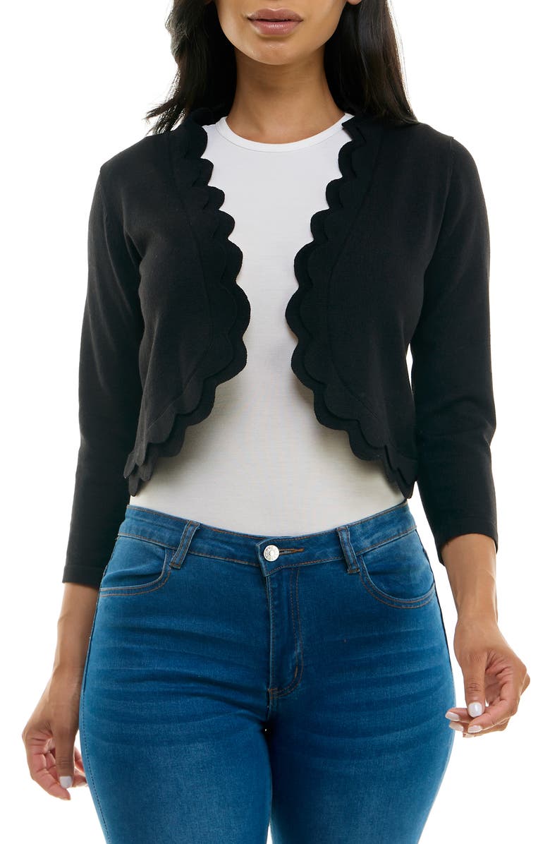 Nina Leonard Scalloped Bolero Shrug Sweater, Main, color, Black