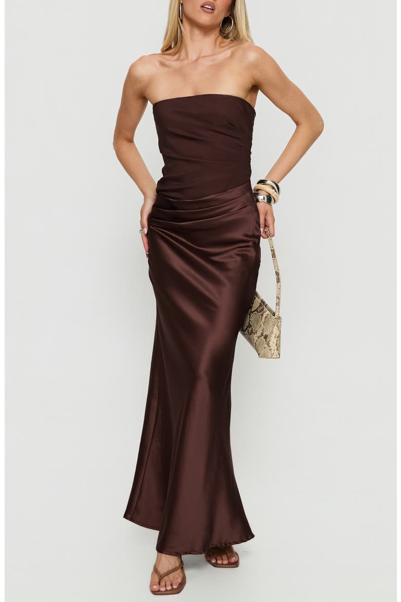 Lulita Pleated Strapless Mixed Media Gown, Main, color, BROWN