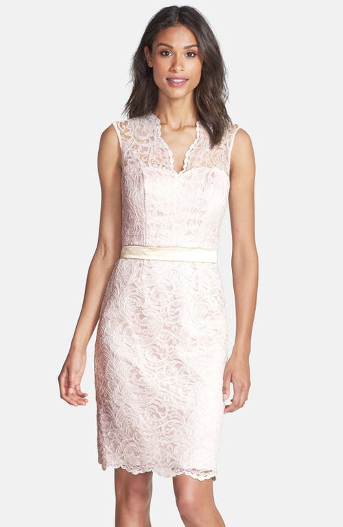 Dessy Collection Lace Overlay Matte Satin Dress in Ivory/Blush 