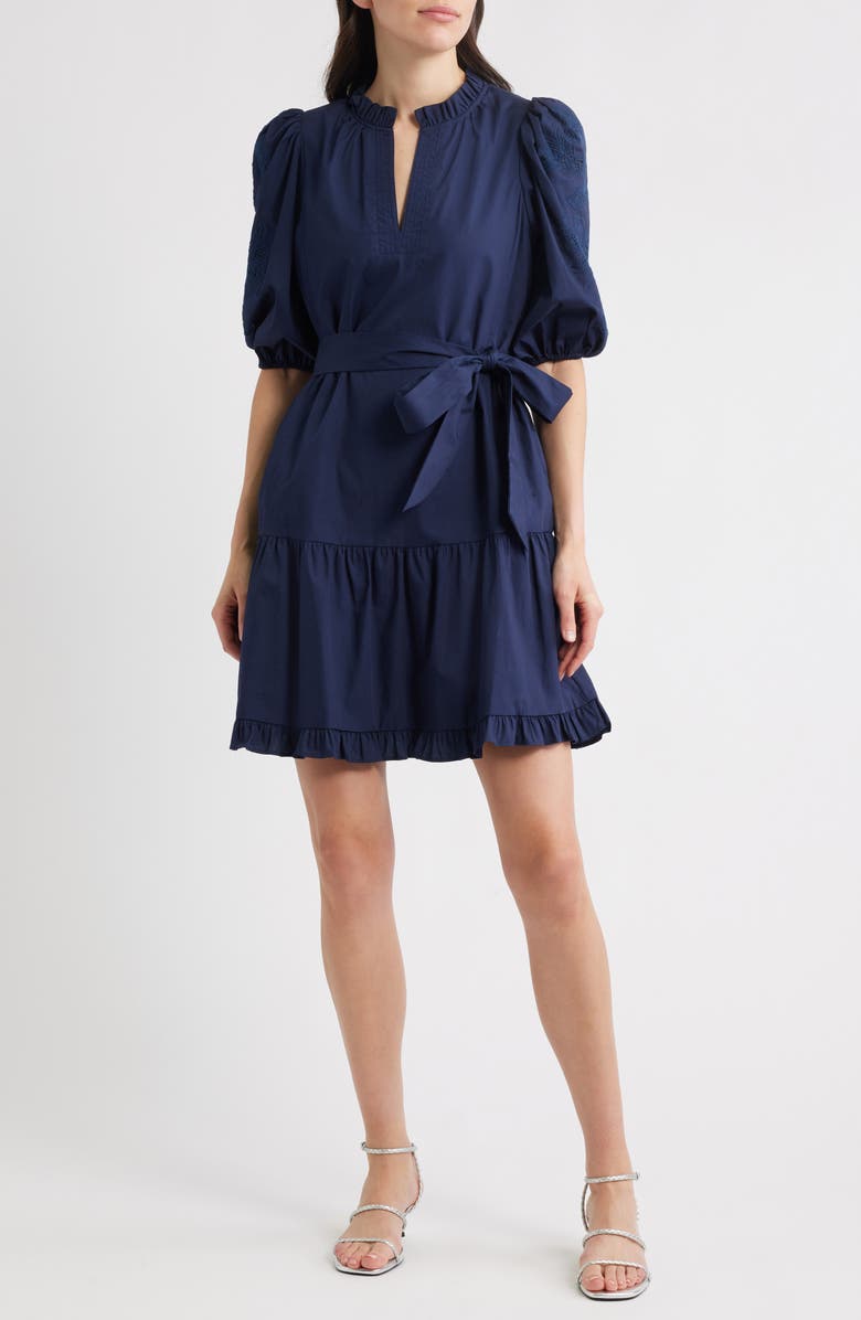 Vince Camuto Embroidered Ruffle Tie Waist Dress, Main, color, Navy
