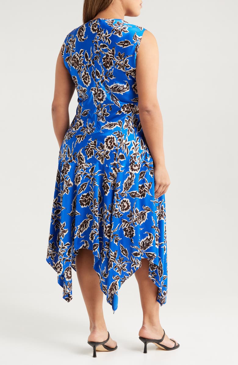 MELLODAY Floral Print Ruched Handkerchief Hem Dress, Alternate, color, Blue Brown Multi Floral