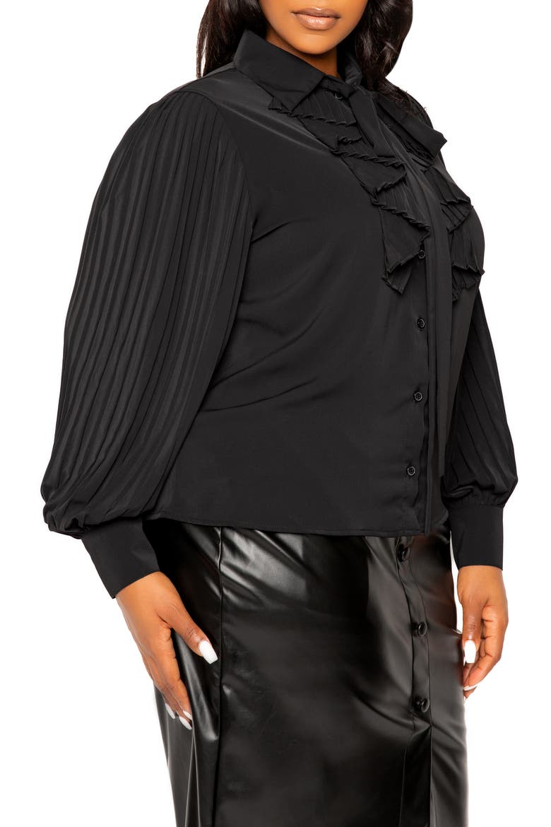 Tie Neck Pleated Sleeve Top, Alternate, color, BLACK
