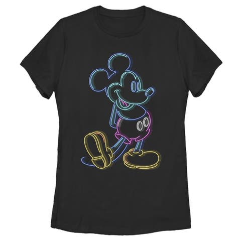 Women's Bright Neon Mickey Mouse Outline Short Sleeve Graphic T-shirt