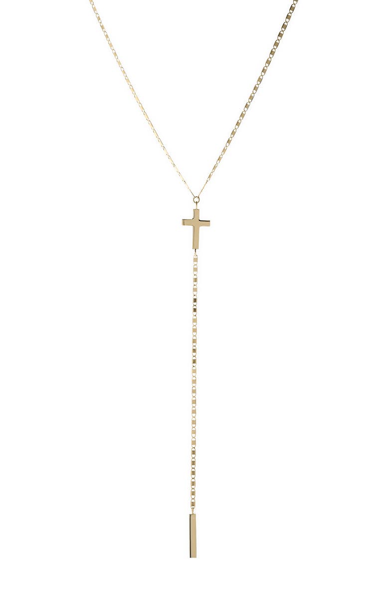 LANA Petite Malibu Cross Bar Lariat Necklace, Main, color, Yellow Gold