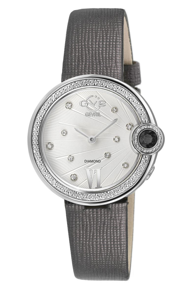 Perugia Diamond Leather Strap Watch, 33mm - 0.102ct., Main, color, GRAY
