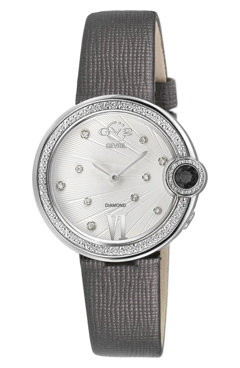 GV2 Perugia Diamond Leather Strap Watch, 33mm - 0.102ct., Main, color, Gray