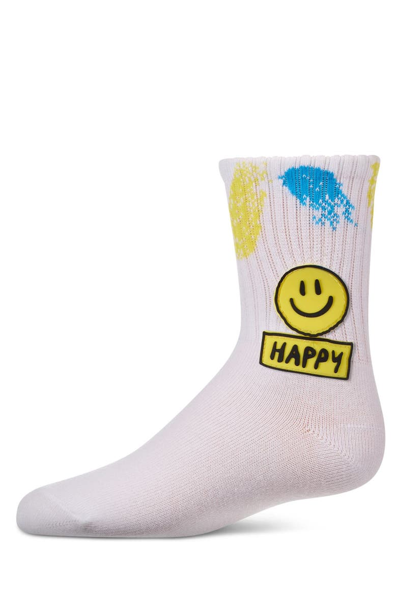 Happy Face Crew Sock with Splatter Paint Graphics, Main, color, Neon Yellow