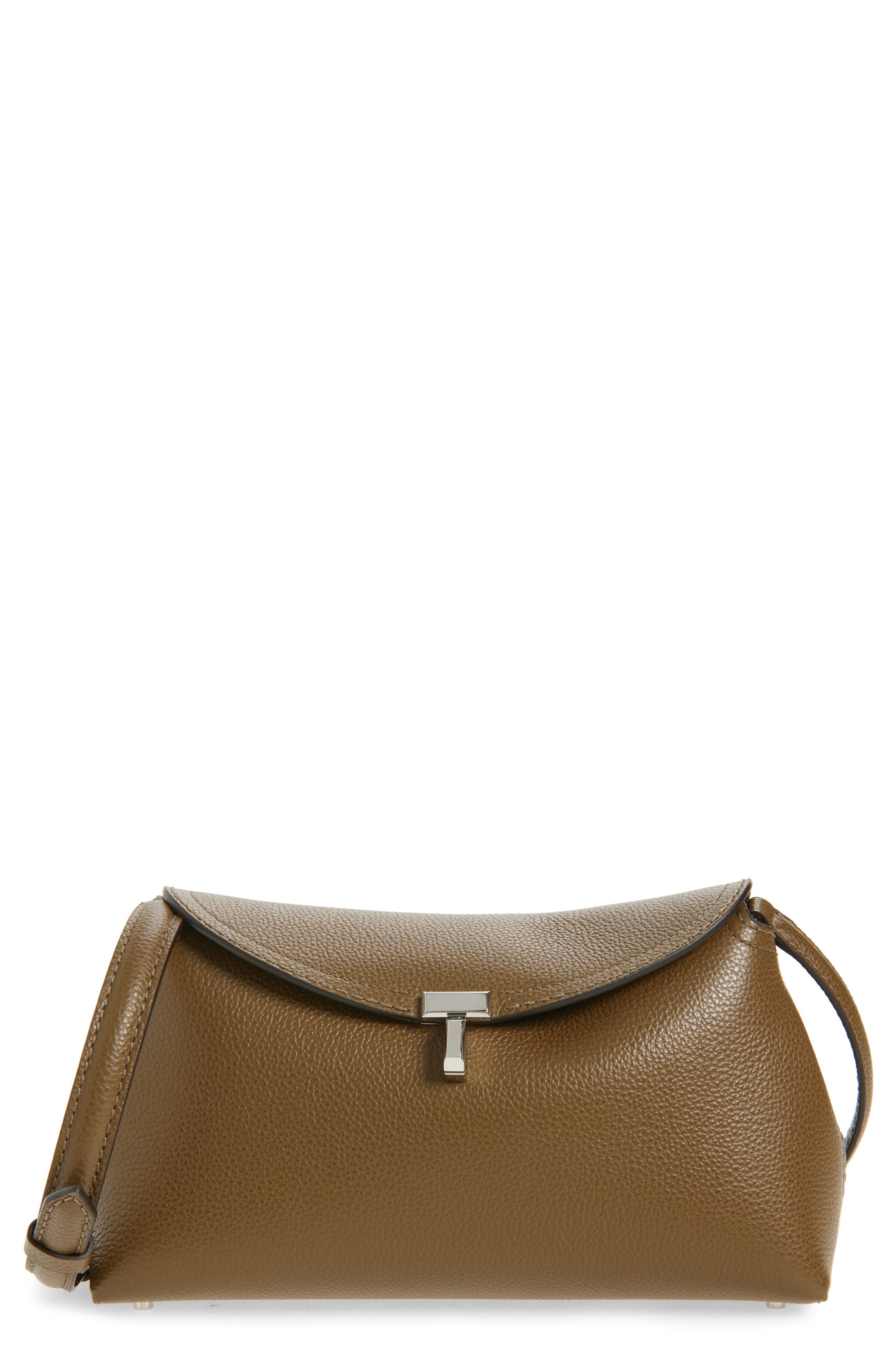 TOTEME Palmellata T-Lock Leather Clutch Crossbody, Main, color, Dark Taupe