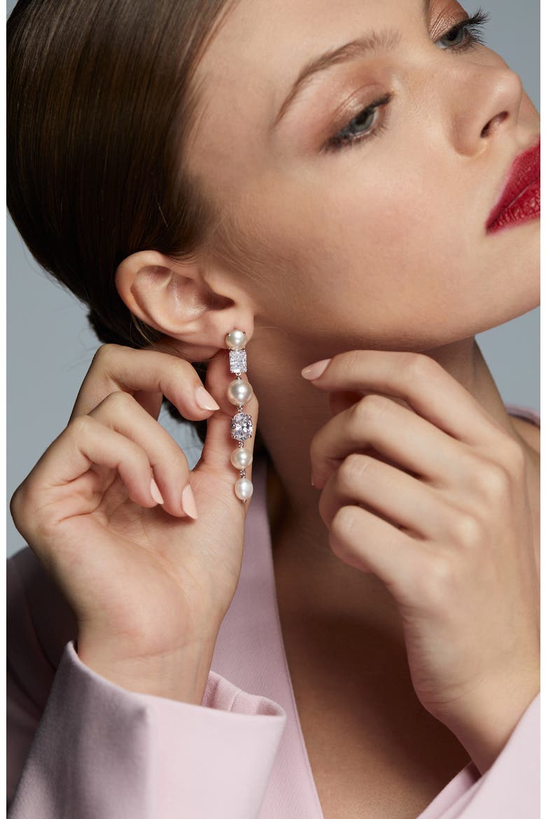 London Cultured Pearl Mixed Linear Drop Earrings, Alternate, color, RHODIUM